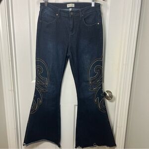 Shyanne Dark Blue Flared Jeans with Embroidered Detail Size 32 Bell bottom